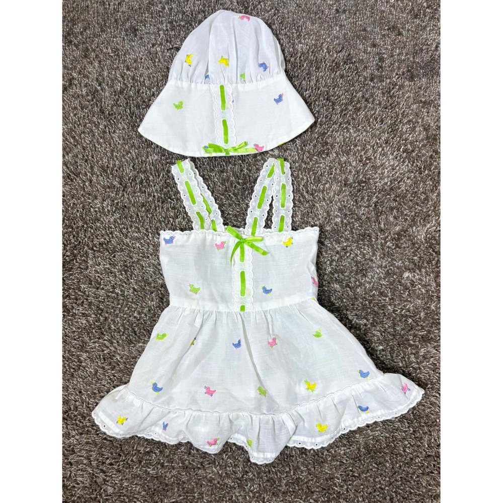 Handmade Vintage Baby Girl Duck Embroidered Sundress and Hat Set 9-12 Months